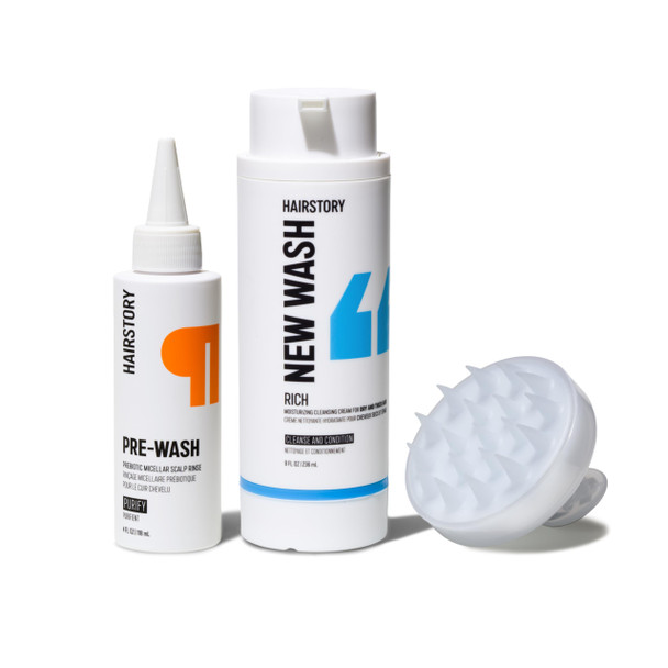 Hairstory New Wash Method for Dry Hair Rich & Pre-Wash with Scalp Brush Purifying Scalp Rinse & Ultra-Moisturizing Cleansing Cream Duo Deep Cleans & Conditions