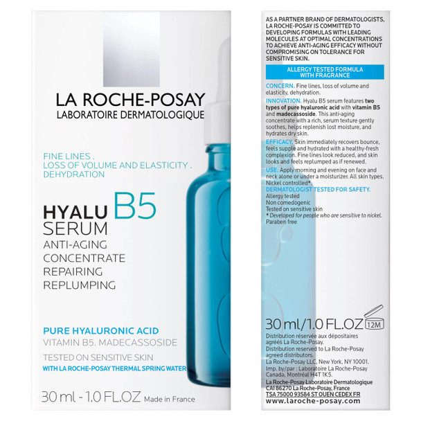 La Roche-Posay Hyalu B5 Pure Hyaluronic Acid Serum for Face Vitamin B5 + Hyaluronic Acid + Madecassoside Hydrating Serum Visibly Plumps Skin Sensitive Skin Safe Anti Aging Oil-Free - 1.69 Fl Oz
