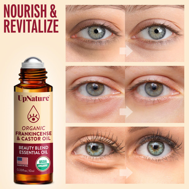 UpNature Beauty Castor Oil Roll On Eye Roller - 100% Organic Frankincense and Castor Oil for Face, Dark Circles, Fine Lines, Under Eyes and Skin - 0.33 Fl Oz