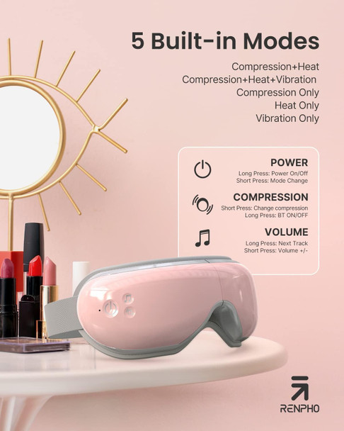 RENPHO Eyeris 1 Eye Massager with Heat, Birthday Day Gifts for Women Men Mom Dad Her Him, Eye Mask for Migraine, Smart Sleep Mask for Dry Eyes Relax, Reduce Strain - W-pink - Voice Control