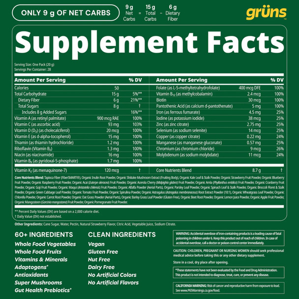 Gruns Adult Super Greens Multivitamin Gummies, Superfood Gummy Vitamins for Women and Men with Spirulina, Chlorella, Adaptogens & Prebiotic Fiber for Digestive Health (28 Count)