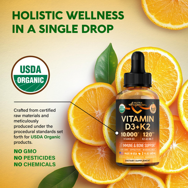 NUTRAHARMONY Vitamin D3 K2 USDA Organic Drops - Vitamin D3 10000 IU & K2 as MK-7 120mcg - Immune & Mood Support, Bone & Teeth Health - Sugar-Free Orange Flavor - Liquid Supplement - Made in USA - 2 FL OZ, 60 Days