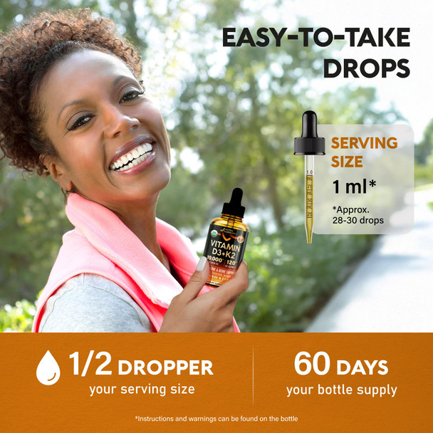 NUTRAHARMONY Vitamin D3 K2 USDA Organic Drops - Vitamin D3 10000 IU & K2 as MK-7 120mcg - Immune & Mood Support, Bone & Teeth Health - Sugar-Free Orange Flavor - Liquid Supplement - Made in USA - 2 FL OZ, 60 Days