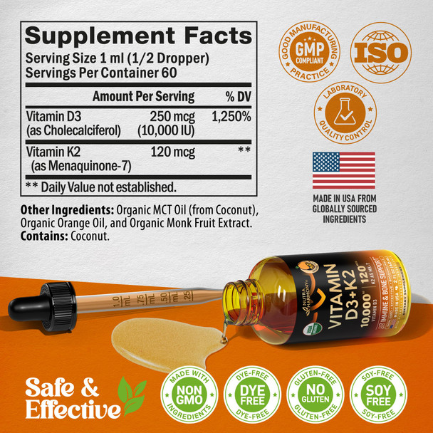 NUTRAHARMONY Vitamin D3 K2 USDA Organic Drops - Vitamin D3 10000 IU & K2 as MK-7 120mcg - Immune & Mood Support, Bone & Teeth Health - Sugar-Free Orange Flavor - Liquid Supplement - Made in USA - 2 FL OZ, 60 Days