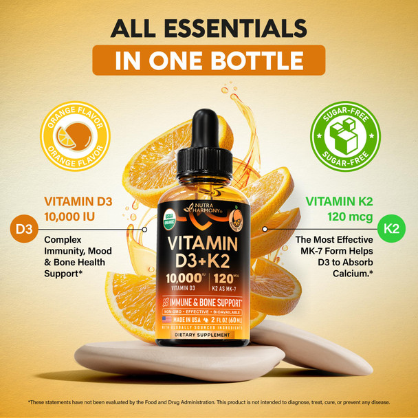 NUTRAHARMONY Vitamin D3 K2 USDA Organic Drops - Vitamin D3 10000 IU & K2 as MK-7 120mcg - Immune & Mood Support, Bone & Teeth Health - Sugar-Free Orange Flavor - Liquid Supplement - Made in USA - 2 FL OZ, 60 Days