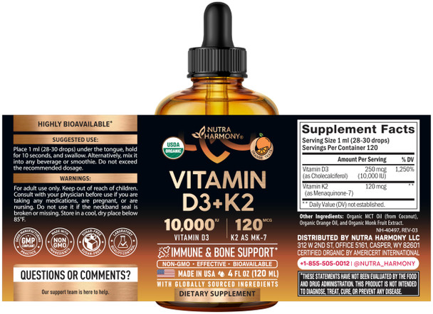 NUTRAHARMONY Vitamin D3 K2 USDA Organic Drops - Vitamin D3 10000 IU & K2 as MK-7 120mcg - Immune & Mood Support, Bone & Teeth Health - Sugar-Free Orange Flavor - Liquid Supplement - Made in USA - 4 FL OZ
