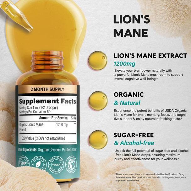 NUTRAHARMONY Lions Mane Liquid - USDA Certified Organic Lions Mane Supplement - Brain Support, Energy, Memory & Focus - Sugar & Alcohol-Free Lion's Mane Mushroom Extract 72,000 mg / Bottle, 2 Fl OZ, 2 Month Supply