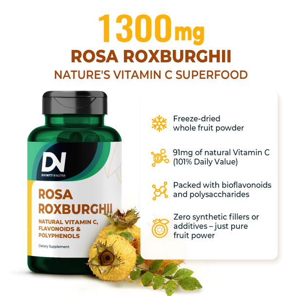 Organic Rosa Roxburghii | Natural Vitamin C Superfood |Chestnut Rose Fruit 1300mg | 60 Capsules