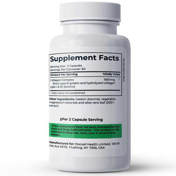 Collagen Complex Premium Supplement 1500 Mg Collagen Type I and III Hydrolyzed Multi Collagen Capsules Support Healthier Hair Skin Bone & Joints Non GMO 120 Veggie Capsules Made in USA