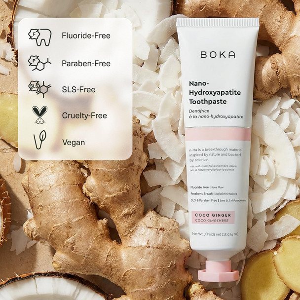 Boka Fluoride Free Toothpaste Nano Hydroxyapatite Toothpaste Appropriate for Sensitive Teeth - for Adult Oral Care - Coco Ginger Flavor 4 Fl Oz 1Pk US Manufactured