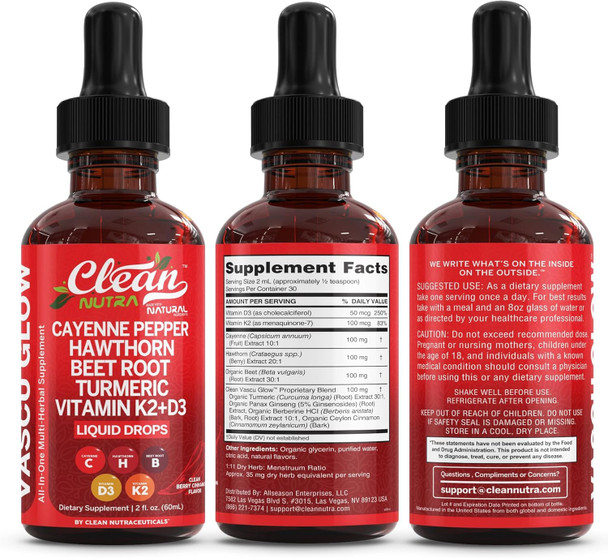 Clean Nutra Cayenne Pepper Drops Supplement Liquid + Hawthorn Berry, Vitamin D3 K2 Beet Root Powder, Ceylon Cinnamon, Turmeric Curcumin, Organic Panax Ginseng, Berberine Extract