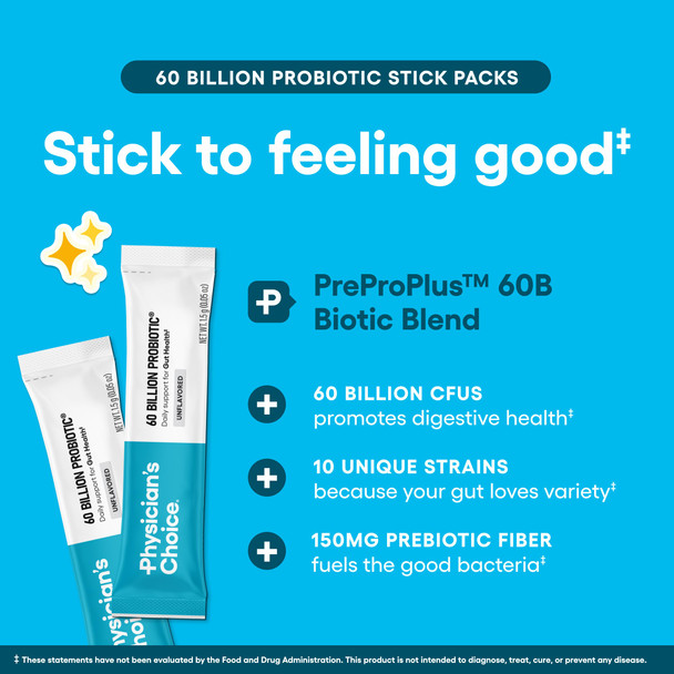 Physician’s Choice 60 Billion CFU Probiotic Stick Packs - 10 Strains + Prebiotics - Immune, Digestive & Gut Health - Supports Occasional Constipation, Diarrhea, Gas & Bloating - for Women & Men - 24CT