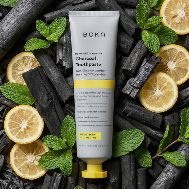Boka Fluoride Free Toothpaste Nano Hydroxyapatite Toothpaste Appropriate for Sensitive Teeth - for Adult Oral Care - Charcoal Yuzu Mint Flavor 4 Fl Oz 1Pk US Manufactured