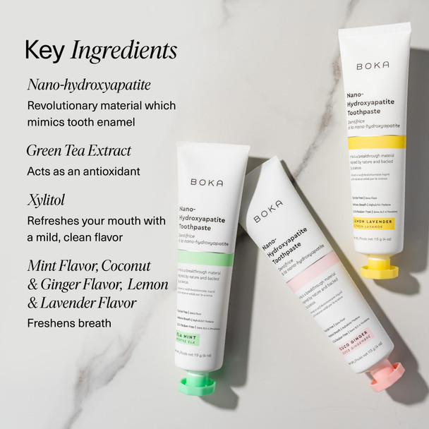 Boka Fluoride Free Toothpaste Nano Hydroxyapatite Toothpaste Appropriate for Sensitive Teeth - for Adult Oral Care - Ela Mint Coco Ginger Lemon Lavender Flavor 4 Fl Oz 3Pk US Manufactured