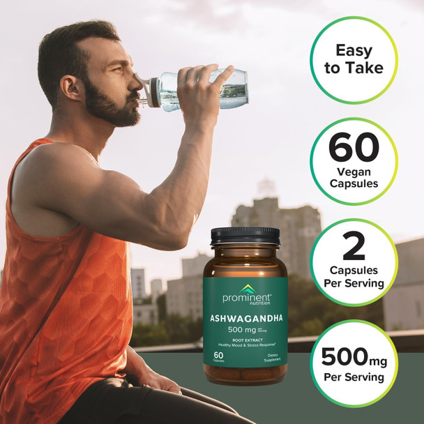 Prominent Nutrition Ashwagandha Supplement - Clinically Researched Shagandha Root Extract for Healthy Mood & Stress Support, Standardized to 2.5% Withanolides, 500 mg, 60 Vegan Capsules
