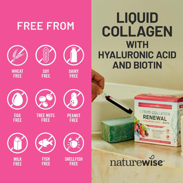 NatureWise Hydrolyzed Liquid Collagen for Women & Men 4000mg - High Absorption, Type 1 & 3 Peptides with Biotin + Vitamin C + Vitamin B Complex & Hyaluronic Acid -Mixed Berry - 10 Tubes[10 Day Supply]