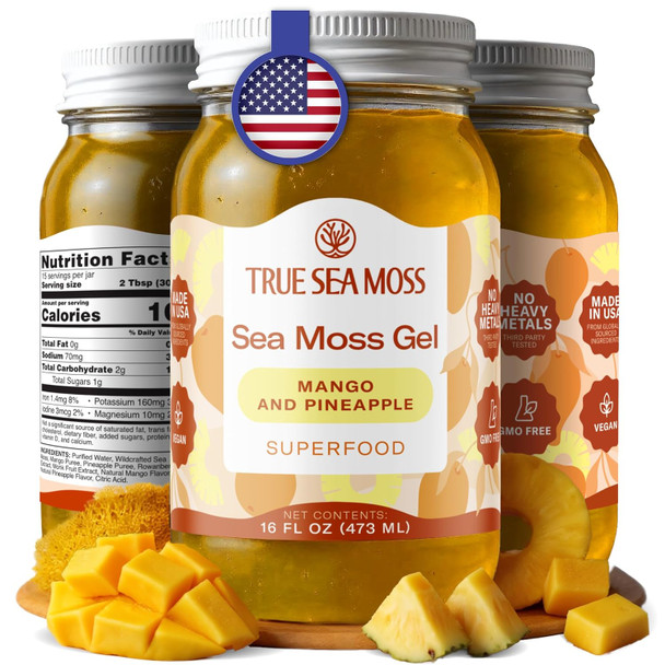 TrueSeaMoss Sea Moss Gel – Wildcrafted Seamoss, Fruits & Jarred Vegetables – Mango/Pineapple - 16 Fl Oz
