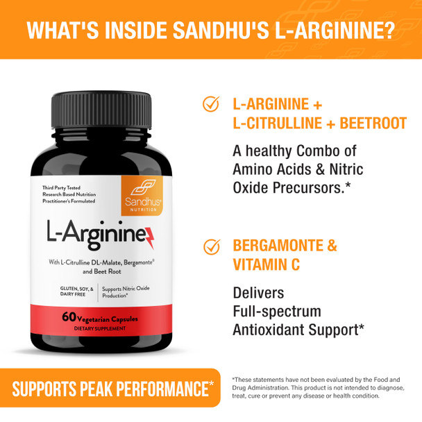 Sandhu's L-Arginine with Nitric Oxide Precursor | 30 Days Supply| Workout Supplement| for Men & Women