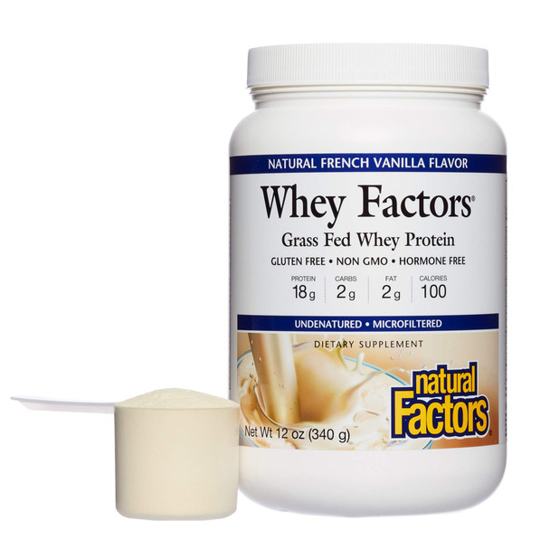 Whey Factors by Natural Factors, Grass Fed Whey Protein Concentrate, Aids Muscle Development and Immune Health, French Vanilla, 12 Oz