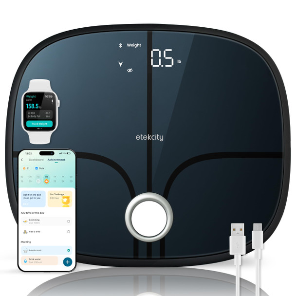 Etekcity Smart Rechargeable Scale for Body Weight, BMI, Fat, Muscle Mass, Digital Bathroom Scale with 13 Metrics, Secret Mode, Bluetooth Connect to Free Apps, Stealth Black - Dark Black - 13.4 x 11.5 inches