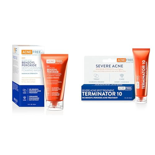 Acnefree Severe Acne 10% Benzoyl Peroxide Foaming Cleansing Wash 5 Ounce & Terminator 10 Acne Spot Treatment With Benzoyl Peroxide 10% Maximum Strength Acne Cream Treatment 1 Ounce Bundle