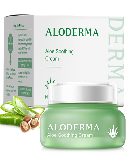 Aloderma Soothing Face Cream Made With 75% Organic Aloe Vera - Calming Facial Cream With Squalane & Vitamin E For Dry Sensitive Skin - Reduces Redness Helps Protect Damaged Skin 50G/1.76Oz
