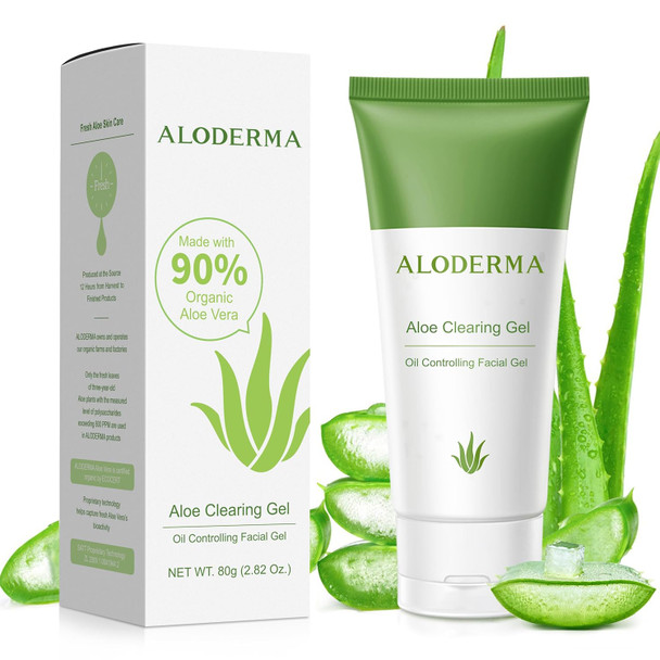 Aloderma Aloe Clearing Gel For Clear Complexion With 90% Organic Aloevera - Moisturizing Oil Controlling Facial Lotion With Allantoin Wintergreen Extract - Soothing Skin Calming Aloe Gel 2.8Oz
