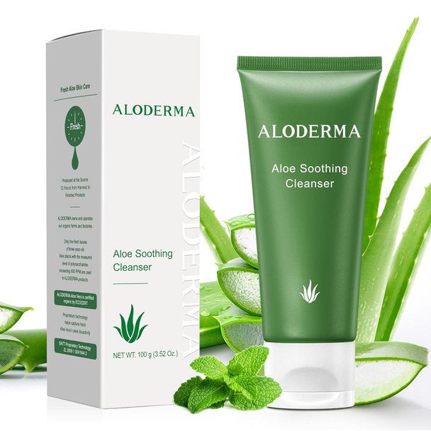 Aloderma Oil Controlling Facial Cleanser Made Within 12 Hours Of Harvest With Organic Aloe Vera - Clear Breakouts - Wintergreen To Help Purify & Deeeply Cleanse Pores - Calming Aloe Facial Wash 3.5Oz