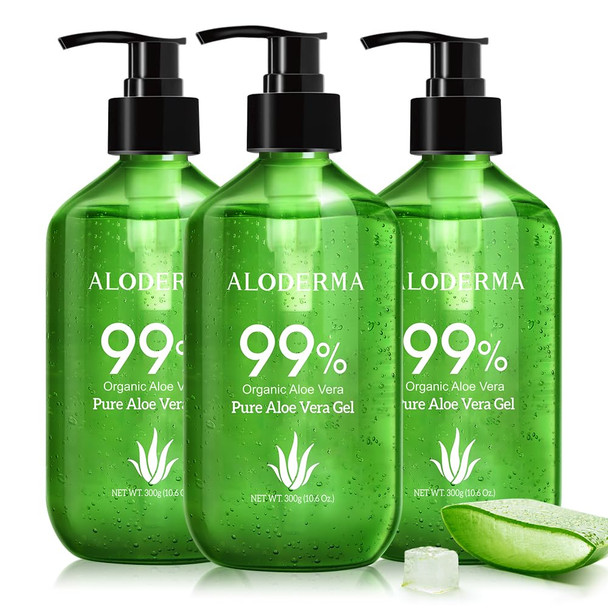 Aloderma 99% Organic Aloe Vera Gel Made Within 12 Hours Of Harvest - Lightweight Non-Sticky Aloe Gel For Face Body Hair & Scalp After Sun Relief Natural Soothing Hydrating Aloe Gel 10.6Oz
