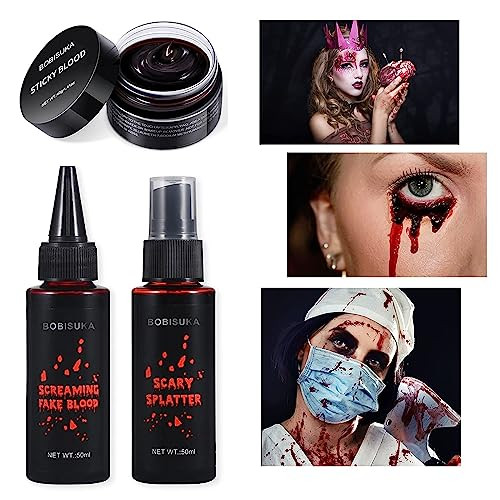 Bobisuka 3Pcs Halloween Fake Blood Makeup Kit - Coagulated 1.41Oz + Spray 1.76Oz + Dripping 1.76Oz Realistic Washable Sfx Makeup For Zombie Monster Mouth Clothes Dress Up