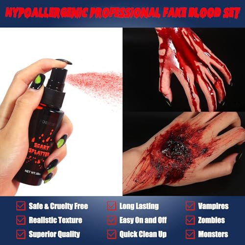 Bobisuka 3Pcs Halloween Fake Blood Makeup Kit - Coagulated 1.41Oz + Spray 1.76Oz + Dripping 1.76Oz Realistic Washable Sfx Makeup For Zombie Monster Mouth Clothes Dress Up