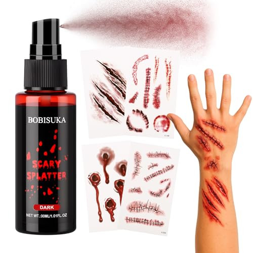Bobisuka Halloween Makeup Kit - Dark Fake Blood Spray + 4 Sheet Temporary Scars Wounds Tattoos Realistic Dark Blood Splatter Non-Toxic Washable For Zombie Clown Vampire Cosplay Costume Stage Sfx Make Up