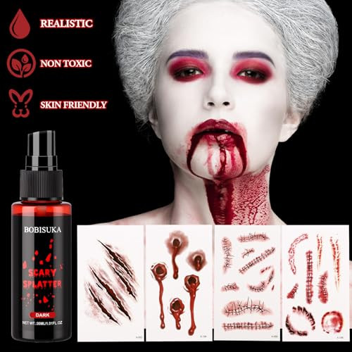 Bobisuka Halloween Makeup Kit - Dark Fake Blood Spray + 4 Sheet Temporary Scars Wounds Tattoos Realistic Dark Blood Splatter Non-Toxic Washable For Zombie Clown Vampire Cosplay Costume Stage Sfx Make Up