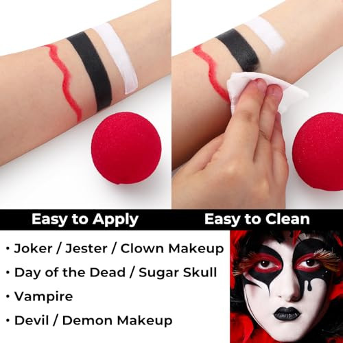 Bobisuka Halloween Joker Clown Makeup Kit Black White Face Body Paint + Red Nose Sfx Makeup Set For Teens And Adults Art Costume