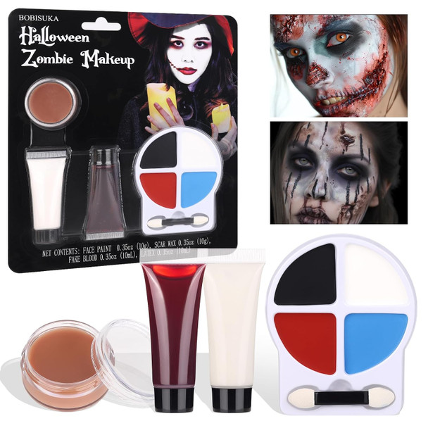 Bobisuka Halloween Vampire Makeup Kit With White Face & Body Paint Fake Blood Black And Red Face Paint Crayon And Fake Teeth Sfx Makeup Set For Zombie Wounds Clown Cosplay Special Effects Makeup