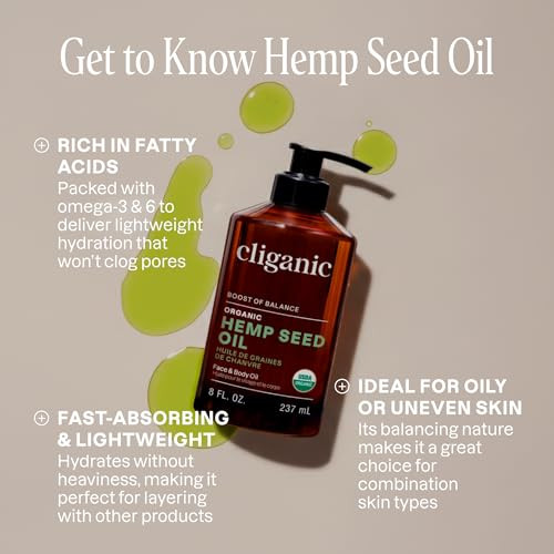 Cliganic Organic Hemp Seed Oil For Skin Face & Hair - 100% Pure Cold Pressed Natural Unrefined
