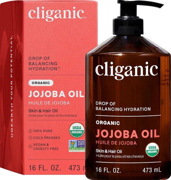 Cliganic Organic Jojoba Oil 16Oz With Pump 100% Pure | Bulk Moisturizing Oil For Face Hair Skin & Nails | Natural Cold Pressed