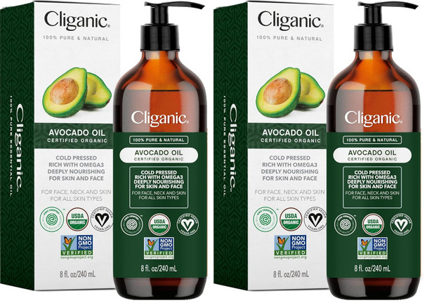 Cliganic Organic Avocado Oil 100% Pure (8Oz) - For Skin & Hair Nourishing Carrier Oil For Face & Body