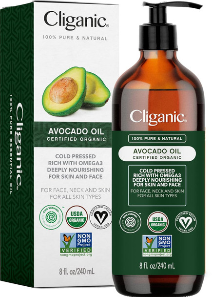 Cliganic Organic Avocado Oil 100% Pure (8Oz) - For Skin & Hair Nourishing Carrier Oil For Face & Body