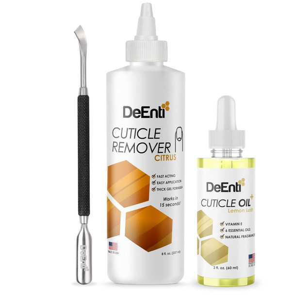 Deenti Cuticles Maintenance Pack Bundle Includes Citrus Scented Cuticle Remover Cuticle Oil For Nails And Metal Pusher Tool Salon Grade Nail Care Home Manicure And Pedicure Kit