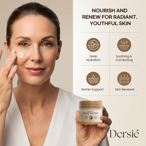 Dersie Tallow And Honey Balm For Face: 100% Grass-Fed Whipped Tallow Balm With Manuka Honey For Dry Sensitive & Mature Skin Deep Hydration & Soothing Suitable For Women Men & Kids (2.1 Oz)