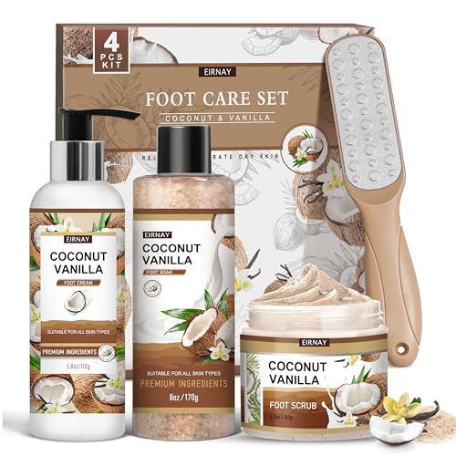Eirnay Coconut & Vanilla Foot Soak Set - Salts Foot File Scrub & Urea Cream Pedicure Supplies For Dry Cracked Feet - Foot Spa Pedicure Kit For Women Men
