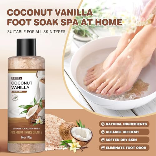Eirnay Coconut & Vanilla Foot Soak Set - Salts Foot File Scrub & Urea Cream Pedicure Supplies For Dry Cracked Feet - Foot Spa Pedicure Kit For Women Men
