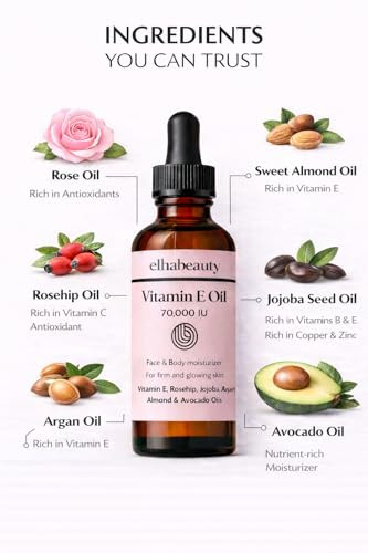 Elha Beauty Vitamin E Rose Oil With Organic Rosehip Avocado Jojoba Argan And Almond Oils Face And Body Moisturizer For A Firm And Healthy Skin 3.88 Fl Oz