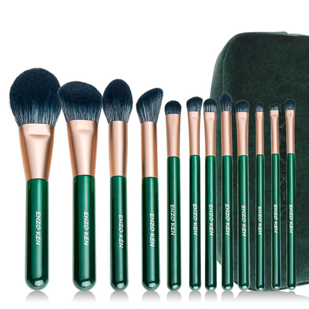 Enzo Ken Natural Fiber & Goat Hair Makeup Brush Set Professional Combined Hair Makeup Brushes Set With Case By Luxury Emerald Green Cosmetic Brushes Makeup Set Natural Bristle Makeup Brushes.