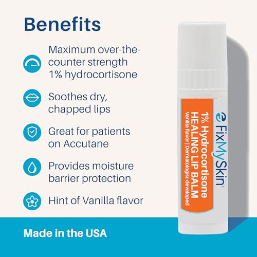 Fixmyskin 1% Hydrocortisone Healing Lip Balm Vanilla Soothes Dry Cracked & Irritated Lips Relieves Chapped Lips Cold Sores & Eczema Dermatologist Developed Travel-Friendly Tube 0.15 Oz