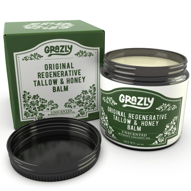 Grazly Original Beef Tallow & Manuka Honey Balm | 100% Grass Fed & Finished Beef Tallow Raw Manuka Honey Beeswax | Deeply Moisturizing & Repairing Skincare Balm | 3 Oz Jar