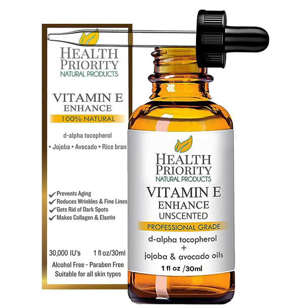 Health Priority Natural Products Health Priority Naturals|Organic Vitamin E Oil For Skin - Jojoba Avocado Oil - Unscented Handcrafted For Face/Hair Non-Gmo No Gluten 30000 Iu 1 Fl Oz