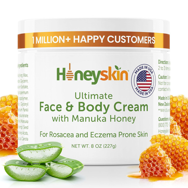 Honeyskin Hydrating Face Moisturizer & Body Cream With Manuka Honey Cream - Organic Face Moisturizer With Honey For Extremely Dry Skin - For Dry & Itchy Skin Rosacea & Eczema Prone Skin 4Oz