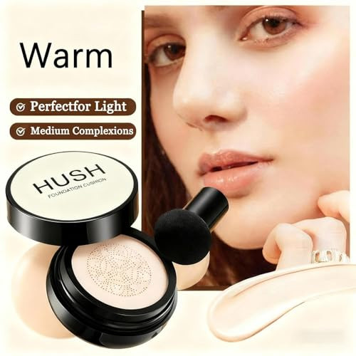 Hush Makeup Foundation For Older Women | Warm - Perfect For Light/Medium Complexions | Mushroom Head Air Cushion Cc Cream - Tattoo Cover Up Bb Cream For Mature Skin | Makeup Concealer Long Lasting Full Coverage